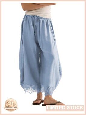 Cropped Wide Leg Lace Hem Pants Casual Boho Capri Trousers